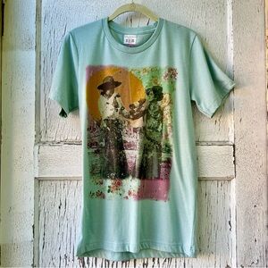 Graphic Wild West Pastel Mint Green Tee with Vintage Victorian Style Print